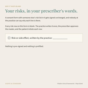 Puede incluir: Un formulario de consentimiento cl&iacute;nico beige con el texto: Why it ships blank. Your risks, in your prescriber's words. Cada fila de riesgo est&aacute; en blanco con una casilla de verificaci&oacute;n y el texto: Risk or side effect, written by the practice: ______. Nada est&aacute; pre-firmado ni pre-rellenado. Scope & Standard. Fillable clinical frameworks.