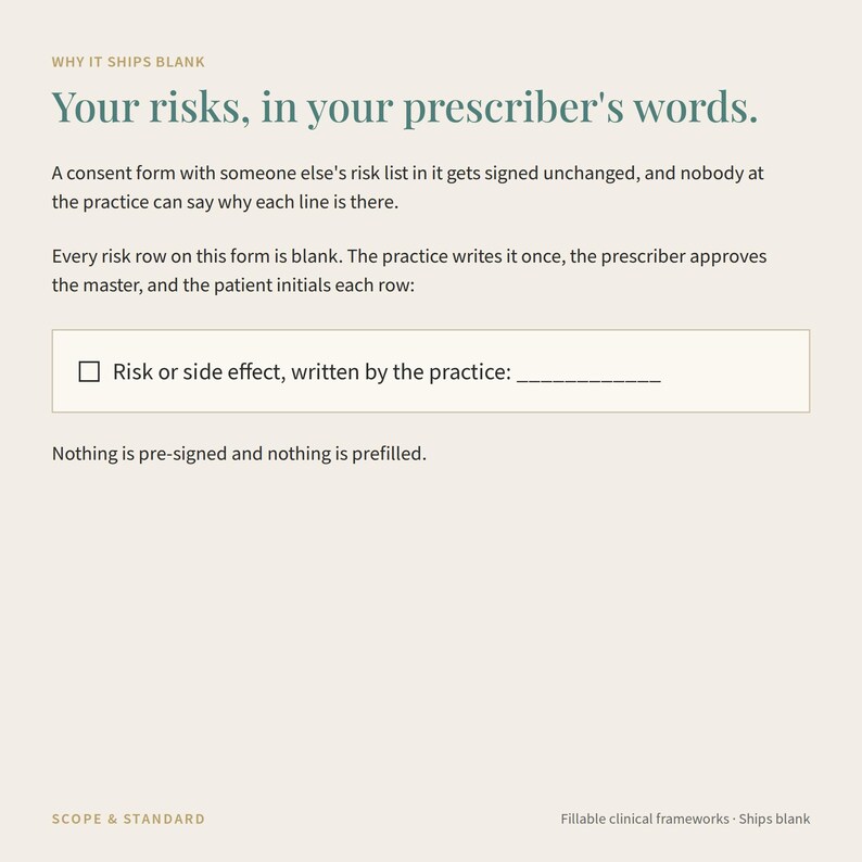 Puede incluir: Un formulario de consentimiento cl&iacute;nico beige con el texto: Why it ships blank. Your risks, in your prescriber's words. Cada fila de riesgo est&aacute; en blanco con una casilla de verificaci&oacute;n y el texto: Risk or side effect, written by the practice: ______. Nada est&aacute; pre-firmado ni pre-rellenado. Scope & Standard. Fillable clinical frameworks.
