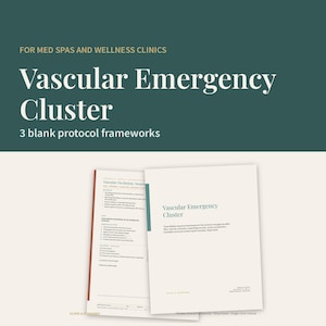 May include: A set of three blank protocol frameworks titled Vascular Emergency Cluster for med spas and wellness clinics. The documents feature a white background with dark green text, including an incident report and escalation card.