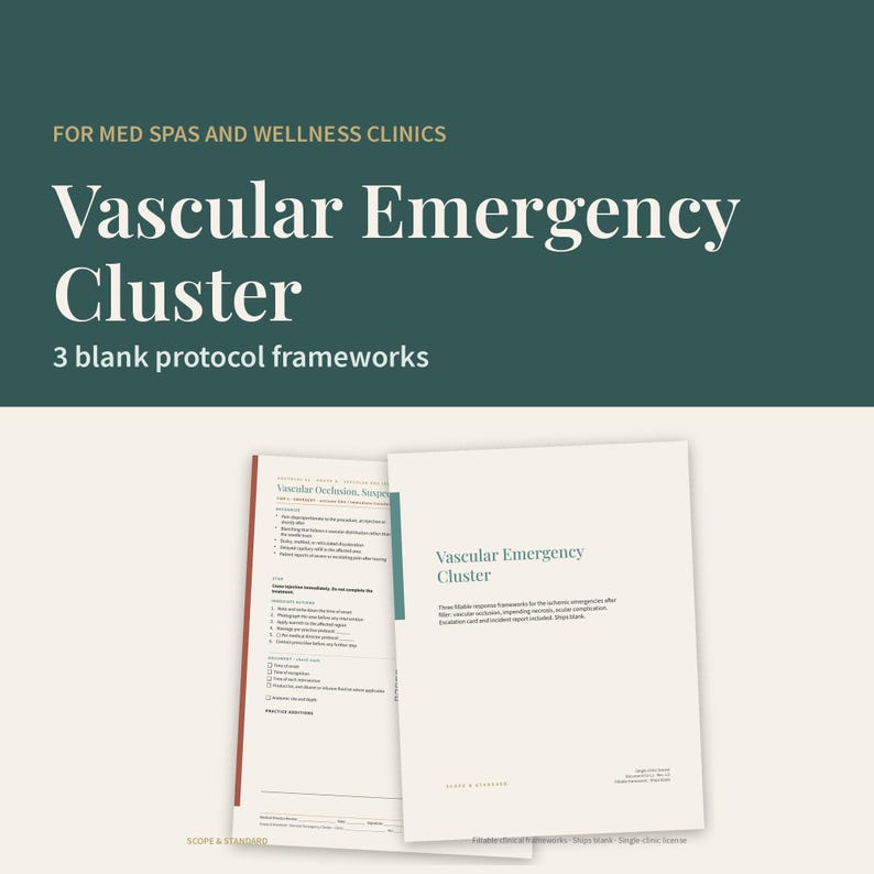 May include: A set of three blank protocol frameworks titled Vascular Emergency Cluster for med spas and wellness clinics. The documents feature a white background with dark green text, including an incident report and escalation card.