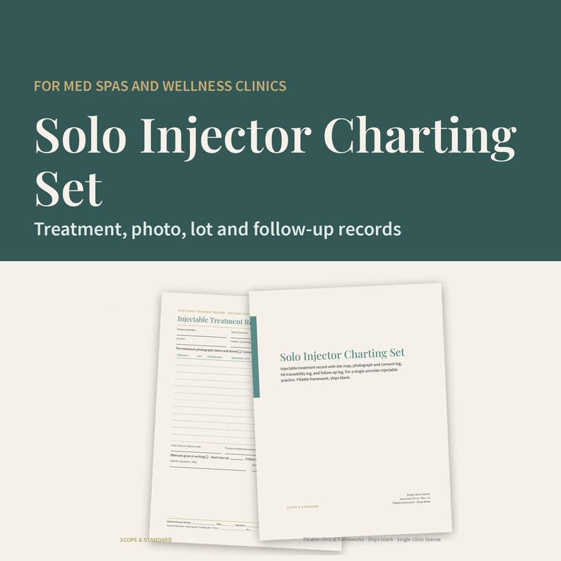 Pu&ograve; includere: Un set di schede per iniettori singoli per spa mediche e cliniche benessere, con moduli cartacei per registrare trattamenti, foto, lotti e follow-up. Il set include una pagina di copertina e un modulo per i trattamenti iniettabili.