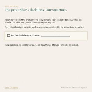 May include: A clinical document titled Why it ships blank: The prescriber's decisions. Our structure. It explains that prefilled products carry external clinical judgment. It features a checkbox labeled Per medical director protocol: and a signature line.
