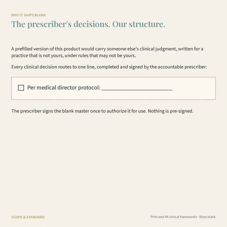 May include: A clinical document titled Why it ships blank: The prescriber's decisions. Our structure. It explains that prefilled products carry external clinical judgment. It features a checkbox labeled Per medical director protocol: and a signature line.