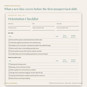 May include: A printed orientation checklist document with sections for staff details, Day One tasks, and Practice and Place procedures. The form includes checkboxes and lines for dates, staff initials, and trainer initials on a light background.