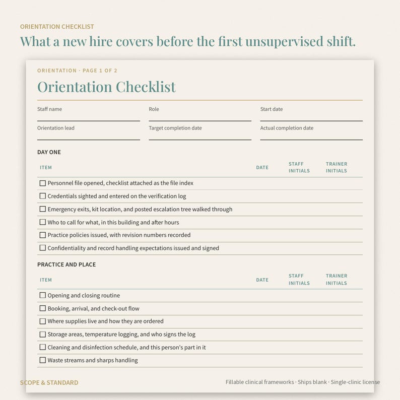 May include: A printed orientation checklist document with sections for staff details, Day One tasks, and Practice and Place procedures. The form includes checkboxes and lines for dates, staff initials, and trainer initials on a light background.