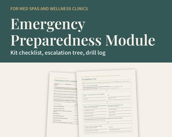 Lista de verificación del kit de emergencia para spa médico, árbol de escalamiento, registro de simulacros y plantillas de preparación para emergencias (Canva editable + PDF)
