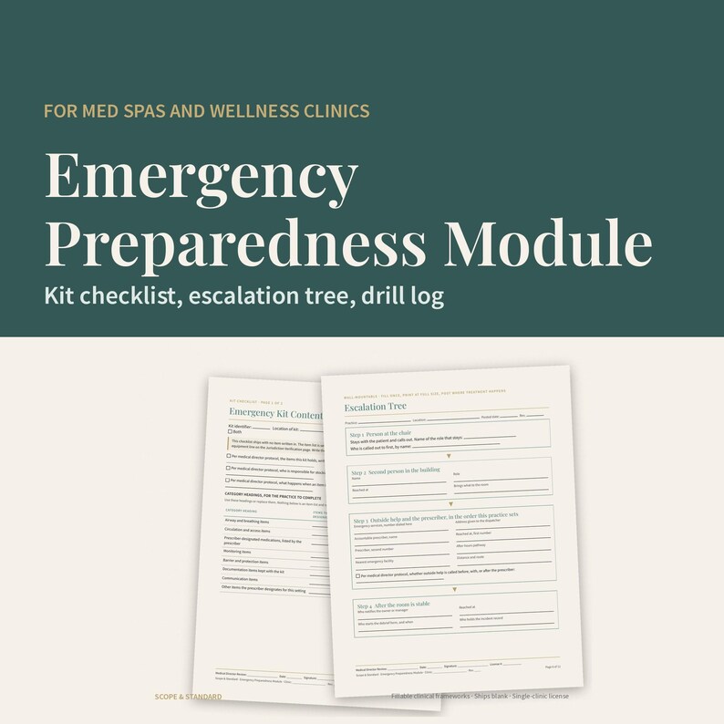 May include: An Emergency Preparedness Module document for med spas and wellness clinics, featuring a kit checklist, escalation tree, and drill log. The printed pages include sections for emergency kit contents and a step-by-step escalation tree.
