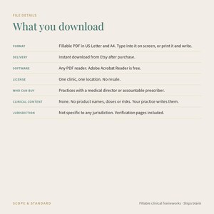 Puede incluir: Una hoja de informaci&oacute;n de documento digital titulada What you download. Enumera detalles del archivo, incluido el formato como PDF rellenable en US Letter y A4, requisitos de software, t&eacute;rminos de licencia, elegibilidad, contenido cl&iacute;nico y jurisdicci&oacute;n.