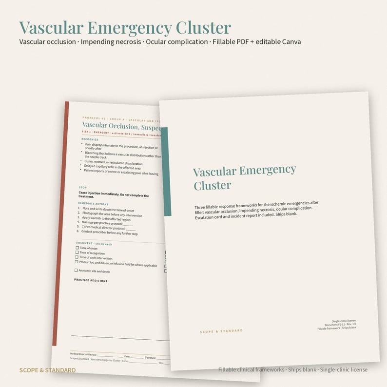May include: A set of two white documents titled Vascular Emergency Cluster, featuring clinical protocols for vascular occlusion, impending necrosis, and ocular complications. The pages include fillable sections, checklists, and text in dark green and black ink.
