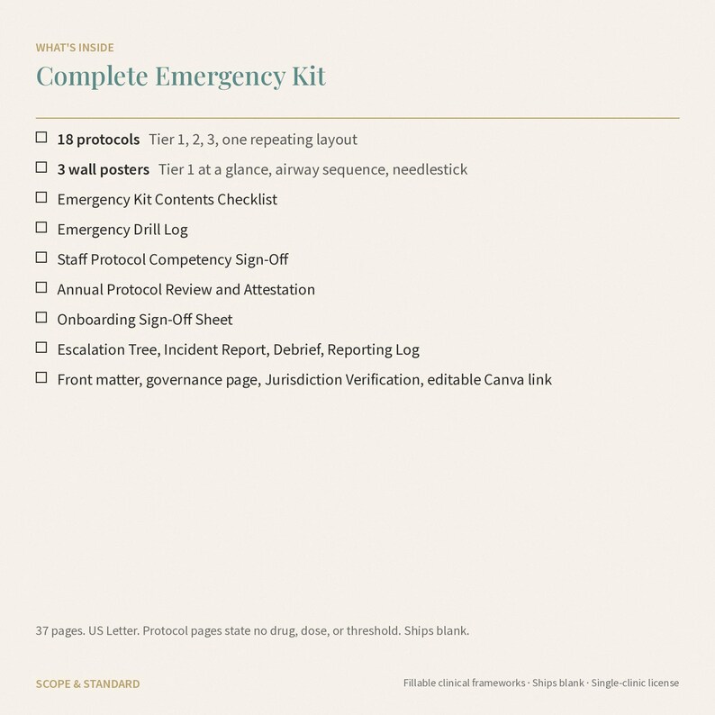 May include: A digital document titled What's Inside Complete Emergency Kit, listing 18 protocols, 3 wall posters, a checklist, drill log, sign-off sheets, annual review, escalation tree, incident report, and an editable Canva link for 37 pages.