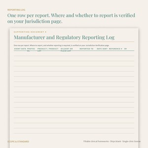 Puede incluir: Un documento de color crema titulado Manufacturer and Regulatory Reporting Log con un encabezado que indica Reporting Log y One row per report. El formulario incluye columnas para fecha, protocolo, lote de producto, lote de diluyente o fluido, destinatario, fecha de env&iacute;o, n&uacute;mero de referencia y autor.