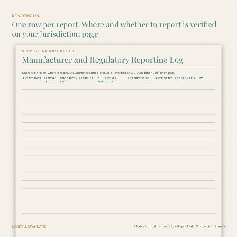 Puede incluir: Un documento de color crema titulado Manufacturer and Regulatory Reporting Log con un encabezado que indica Reporting Log y One row per report. El formulario incluye columnas para fecha, protocolo, lote de producto, lote de diluyente o fluido, destinatario, fecha de env&iacute;o, n&uacute;mero de referencia y autor.