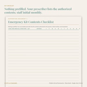 May include: A cream-colored Emergency Kit Contents Checklist document with dark teal text. The header reads Supporting Document 3, Emergency Kit Contents Checklist. It includes columns for Item, Qty, Expires, and monthly initials J through D.