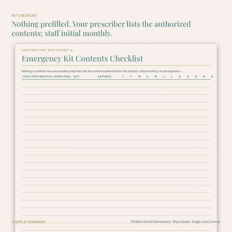 May include: A cream-colored Emergency Kit Contents Checklist document with dark teal text. The header reads Supporting Document 3, Emergency Kit Contents Checklist. It includes columns for Item, Qty, Expires, and monthly initials J through D.