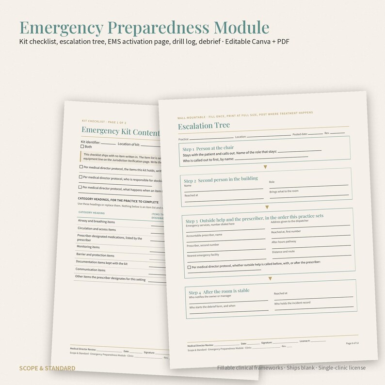 May include: Emergency Preparedness Module document set featuring an Emergency Kit Content checklist and an Escalation Tree. The pages include fillable fields for medical protocols, staff roles, and emergency procedures in a clean, professional layout.