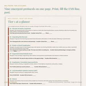 May include: A clinical wall poster titled Tier 1 at a glance, featuring nine emergent protocols for medical emergencies. The document includes fillable lines for EMS numbers and contact information, organized with numbered sections for rapid reference.