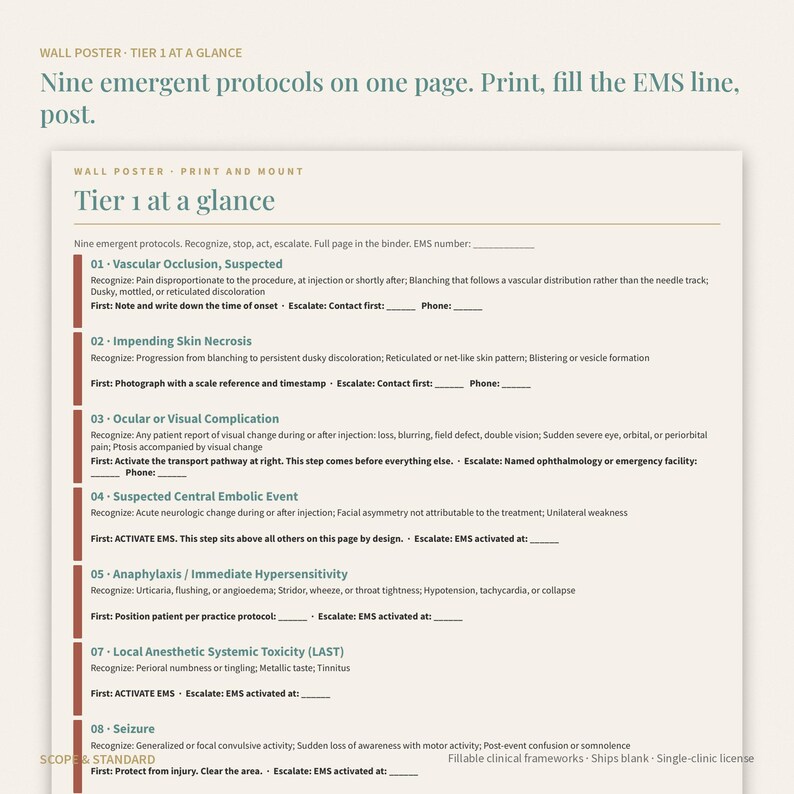 May include: A clinical wall poster titled Tier 1 at a glance, featuring nine emergent protocols for medical emergencies. The document includes fillable lines for EMS numbers and contact information, organized with numbered sections for rapid reference.