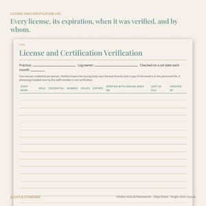 May include: A cream-colored License and Certification Log form with dark teal text. The header reads License and Certification Verification, with fields for practice, log owner, and month, followed by a table for staff credentials and verification.