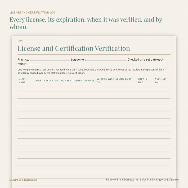 May include: A cream-colored License and Certification Log form with dark teal text. The header reads License and Certification Verification, with fields for practice, log owner, and month, followed by a table for staff credentials and verification.