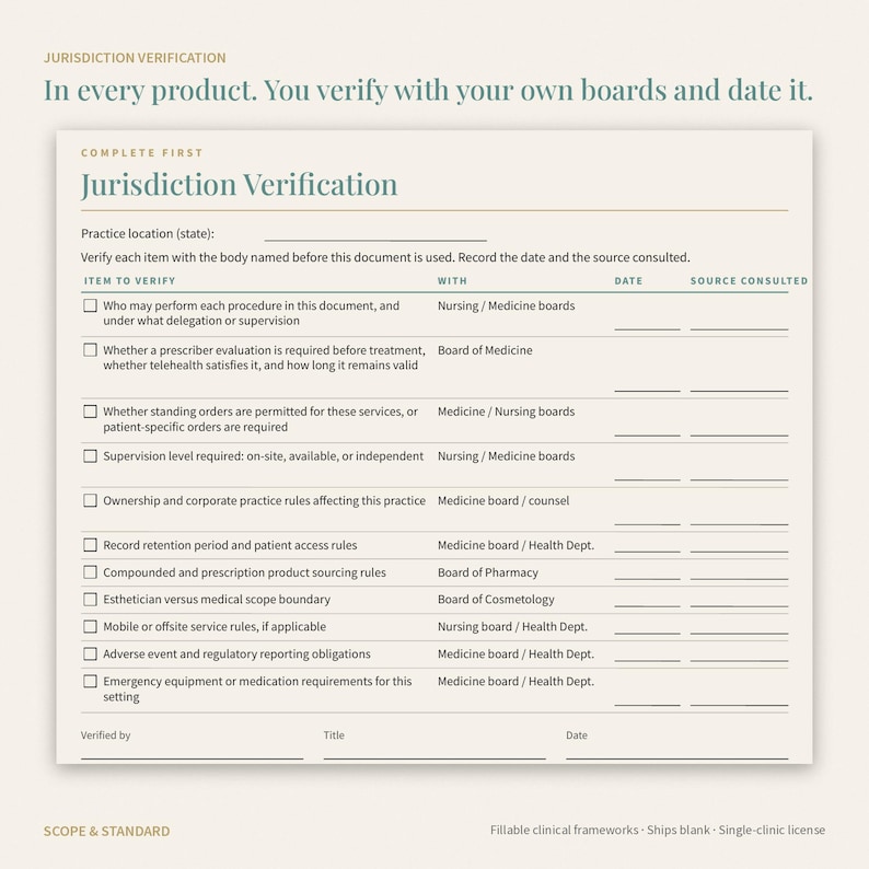 May include: A cream-colored Jurisdiction Verification form with dark teal text. It features a checklist for clinical practice requirements, including columns for item to verify, with, date, and source consulted, plus signature lines at the bottom.