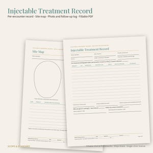 May include: An Injectable Treatment Record document featuring a site map with an oval face outline and a detailed form for patient identifiers, service details, product logs, and follow-up notes, printed on off-white paper with dark text.
