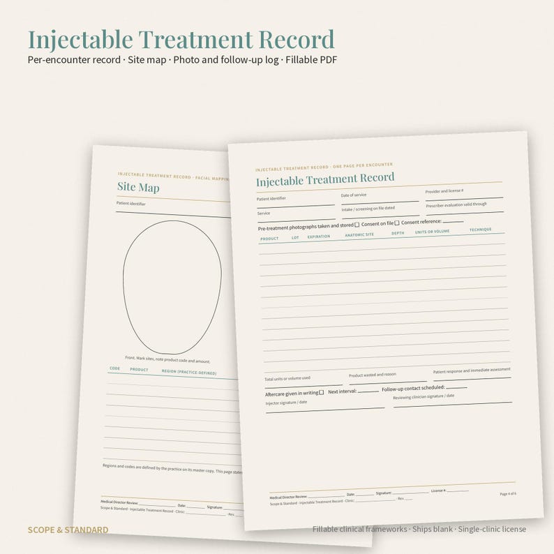 May include: An Injectable Treatment Record document featuring a site map with an oval face outline and a detailed form for patient identifiers, service details, product logs, and follow-up notes, printed on off-white paper with dark text.
