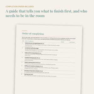 May include: A printed document titled Order of completion with the header Completion order included. The text lists eight sequential steps for medical administrative tasks, including modules for oversight, jurisdiction, intake, and emergency preparedness.