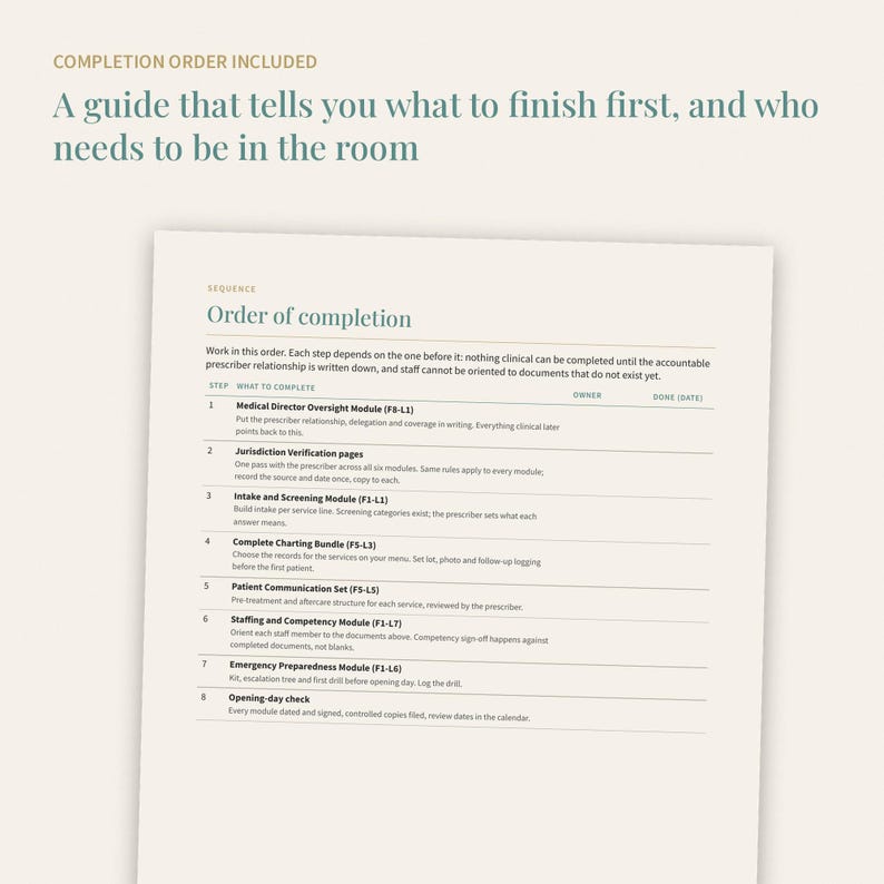 May include: A printed document titled Order of completion with the header Completion order included. The text lists eight sequential steps for medical administrative tasks, including modules for oversight, jurisdiction, intake, and emergency preparedness.