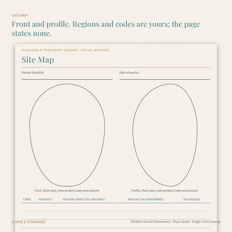 May include: An injectable treatment record facial mapping form on cream paper. It features two oval outlines for front and profile views, with fields for patient identifier, date of service, code, product, region, amount as performed, and technique.