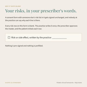 Puede incluir: Un formulario de consentimiento cl&iacute;nico beige con el texto: Why it ships blank. Your risks, in your prescriber's words. Cada fila de riesgo est&aacute; en blanco con una casilla de verificaci&oacute;n y el texto: Risk or side effect, written by the practice: ______. Nada est&aacute; pre-firmado ni pre-rellenado. Scope & Standard. Fillable clinical frameworks.