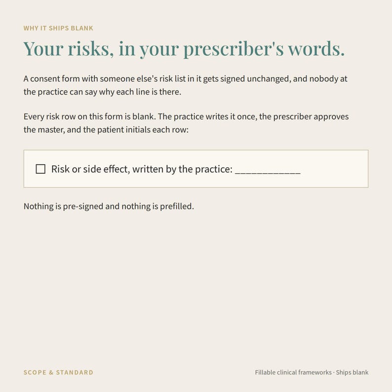 Puede incluir: Un formulario de consentimiento cl&iacute;nico beige con el texto: Why it ships blank. Your risks, in your prescriber's words. Cada fila de riesgo est&aacute; en blanco con una casilla de verificaci&oacute;n y el texto: Risk or side effect, written by the practice: ______. Nada est&aacute; pre-firmado ni pre-rellenado. Scope & Standard. Fillable clinical frameworks.