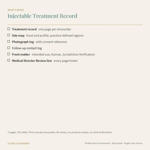 May include: A document titled Injectable Treatment Record listing contents including a treatment record, site map, photograph log, follow-up contact log, front matter, and medical director review line. The text notes 7 pages, US Letter size.