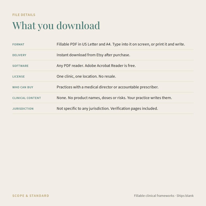 Puede incluir: Una hoja de informaci&oacute;n de documento digital titulada What you download. Enumera detalles del archivo, incluido el formato como PDF rellenable en US Letter y A4, requisitos de software, t&eacute;rminos de licencia, elegibilidad, contenido cl&iacute;nico y jurisdicci&oacute;n.
