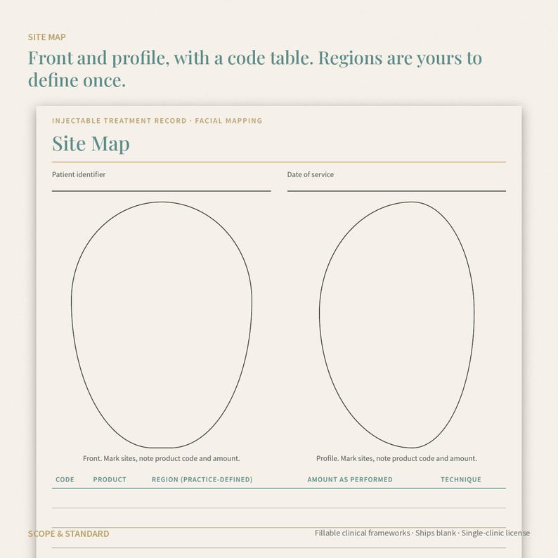 Pu&ograve; includere: Un modulo per la registrazione di trattamenti iniettabili e mappatura facciale con una mappa del sito che mostra contorni frontali e di profilo. Il documento include campi per l'identificativo del paziente, la data e una tabella di codici.
