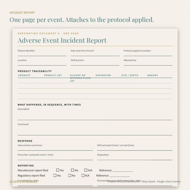 May include: An Adverse Event Incident Report form printed on cream paper. The document includes sections for patient identifier, date, time, location, staff, product traceability, event description, response, and reporting checkboxes for regulatory filing.