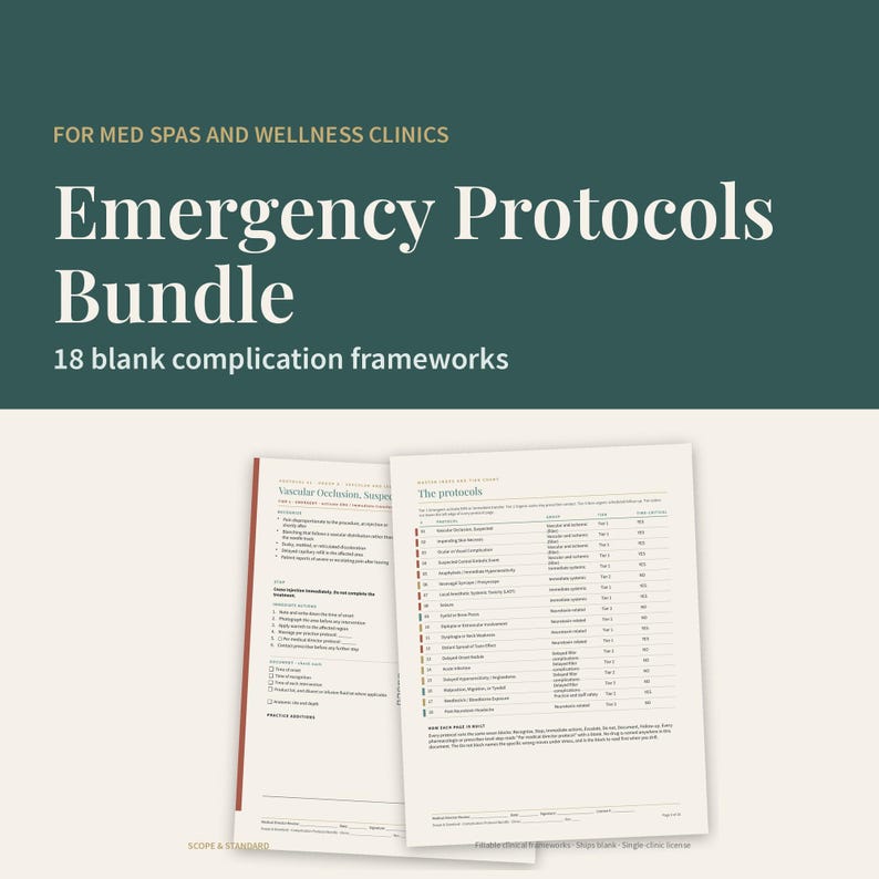 May include: A digital document titled Emergency Protocols Bundle for Med Spas and Wellness Clinics, featuring 18 blank complication frameworks. The image displays two printed pages with clinical text, tables, and checklists on a cream background.