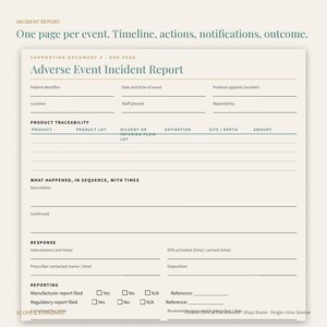 Puede incluir: Un formulario de informe de incidentes de eventos adversos de color crema con texto en azul verdoso oscuro. El documento incluye secciones para el identificador del paciente, fecha, ubicaci&oacute;n, trazabilidad del producto y casillas de verificaci&oacute;n.