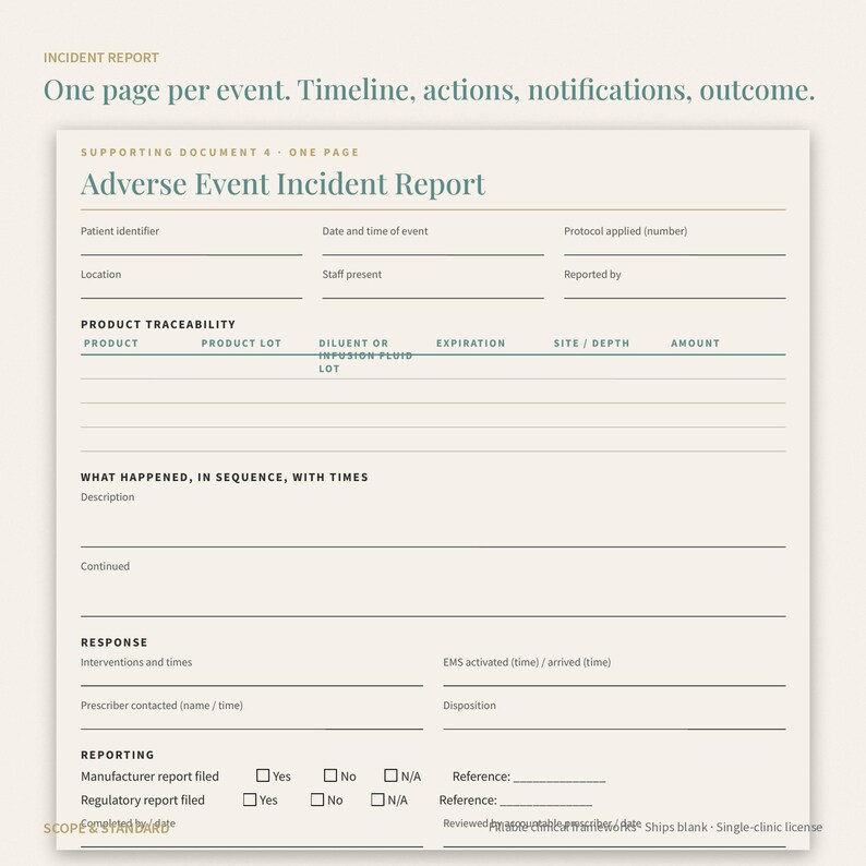 Puede incluir: Un formulario de informe de incidentes de eventos adversos de color crema con texto en azul verdoso oscuro. El documento incluye secciones para el identificador del paciente, fecha, ubicaci&oacute;n, trazabilidad del producto y casillas de verificaci&oacute;n.