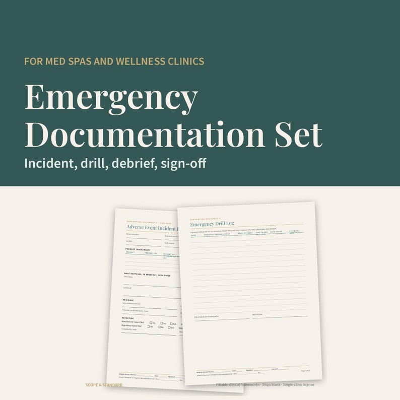 Puede incluir: Un conjunto de documentaci&oacute;n de emergencia para spas m&eacute;dicos y cl&iacute;nicas de bienestar que incluye dos formularios impresos titulados Adverse Event Incident Report y Emergency Drill Log con secciones para detalles de incidentes.