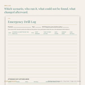 May include: A cream-colored Emergency Drill Log form with dark green text. The header includes fields for practice, year, and drill frequency. A table tracks date, scenario, type, staff, time, gaps, debrief, and initials, with an attendance section below.