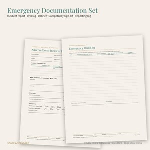 Puede incluir: Un conjunto de documentaci&oacute;n de emergencia con formularios impresos para uso cl&iacute;nico. Los documentos incluyen un informe de incidentes de eventos adversos y un registro de simulacros de emergencia con campos para fechas y descripciones.
