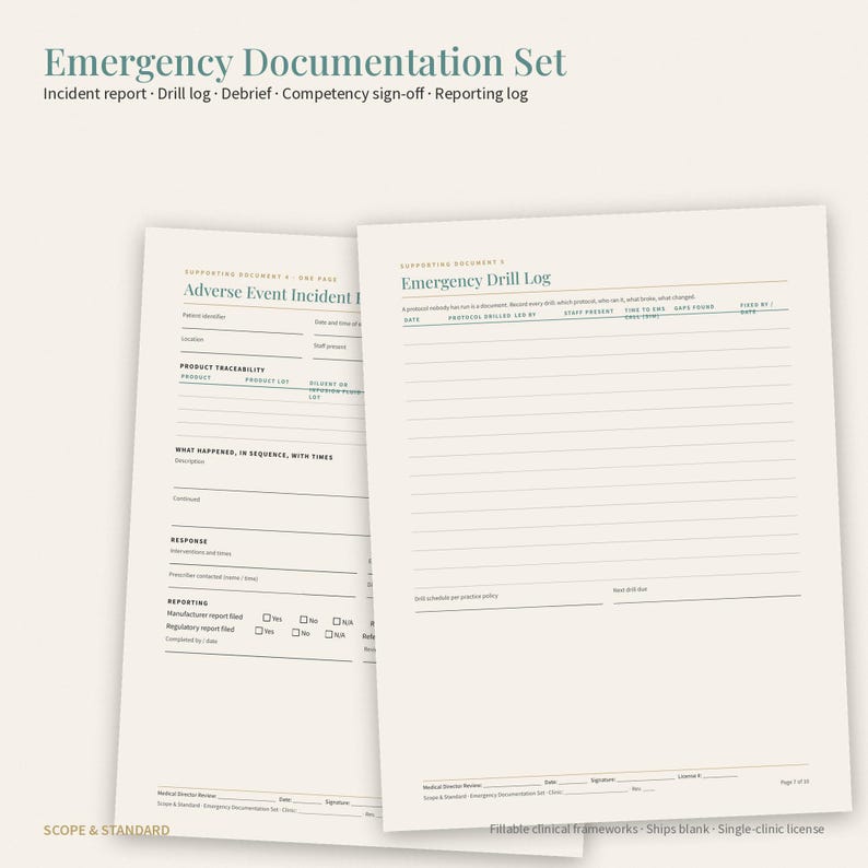 Puede incluir: Un conjunto de documentaci&oacute;n de emergencia con formularios impresos para uso cl&iacute;nico. Los documentos incluyen un informe de incidentes de eventos adversos y un registro de simulacros de emergencia con campos para fechas y descripciones.
