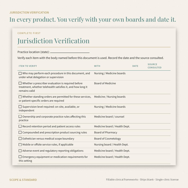May include: A Jurisdiction Verification form with a checklist for clinical practice. The document includes columns for item to verify, the relevant board, date, and source consulted. Text includes 'In every product. You verify with your own boards and date it.'
