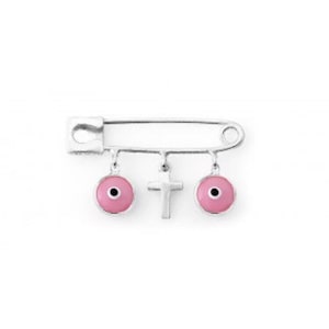 Evil Eye With Cross Safety Pin-Pink