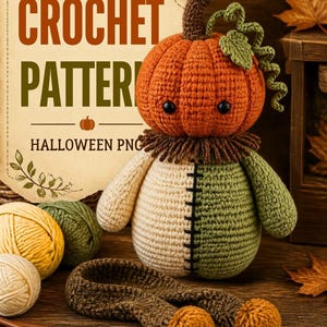 Peut inclure: Une poupée citrouille au crochet avec une tête orange ronde, une tige marron et un corps bicolore crème et vert sauge avec une couture noire. La poupée porte un col à volants marron et une écharpe marron assortie avec deux pompons aux extrémités.
