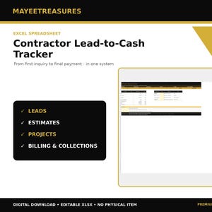 May include: An Excel spreadsheet titled Contractor Lead-to-Cash Tracker by MAYEETREASURES. The digital template features sections for leads, estimates, projects, and billing and collections, designed to manage workflows from inquiry to final payment.