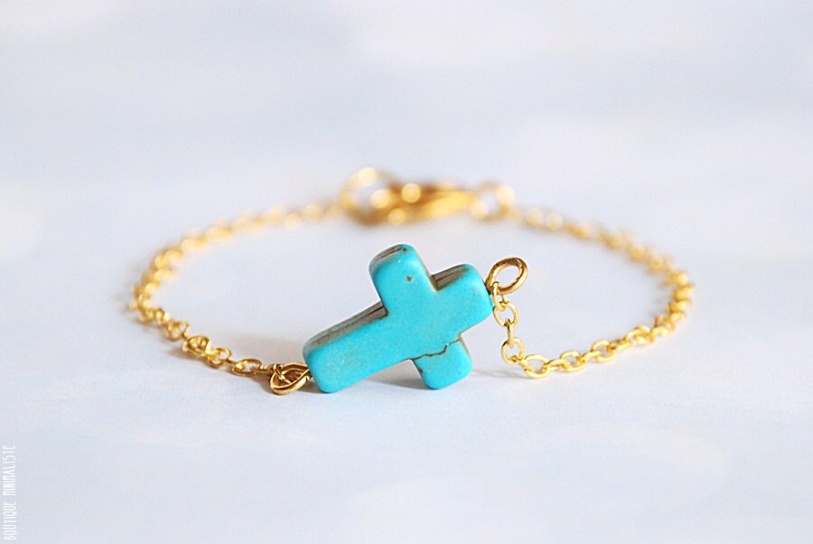 Sideways Cross Bracelet Turquoise and Gold | Etsy