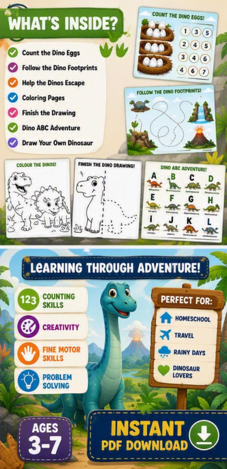 Dino Adventure 1! Dinosaur Activity Book for Kids | Count, Color, Draw ...