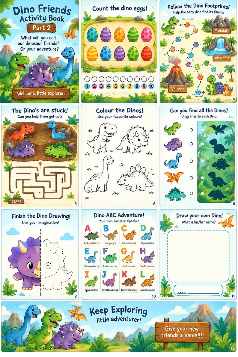 Dino Adventure 2! Dinosaur Activity Book for Kids | Count, Color, Draw ...