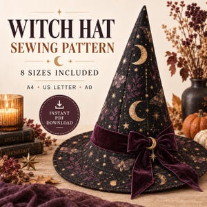 Puede incluir: Un patrón de costura para sombrero de bruja negro con estampado celestial de lunas, estrellas y mariposas doradas. El sombrero tiene una cinta de terciopelo morado oscuro con un dije de luna y estrella. Texto: WITCH HAT SEWING PATTERN.
